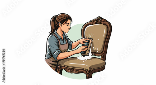 A person cleans a vintage armchair with suds and a scrubber