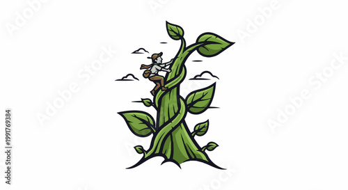 A person climbs a giant, winding beanstalk towards the clouds