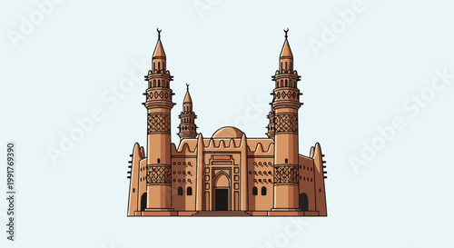 A pixel art illustration of a grand mosque with multiple towers and arches on a pale blue background