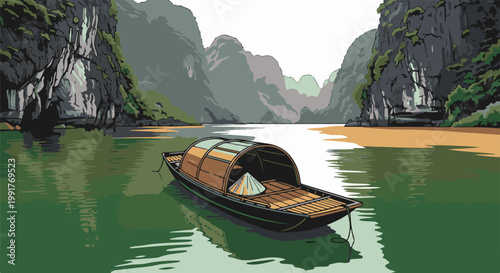A pixel art scene depicts a traditional boat on calm water surrounded by towering, verdant cliffs and a sandy shore