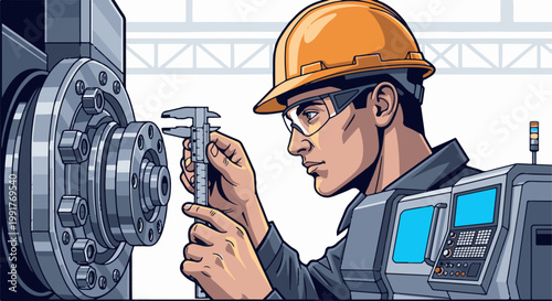 A person in a hard hat and safety glasses uses a caliper to measure a component on industrial machinery