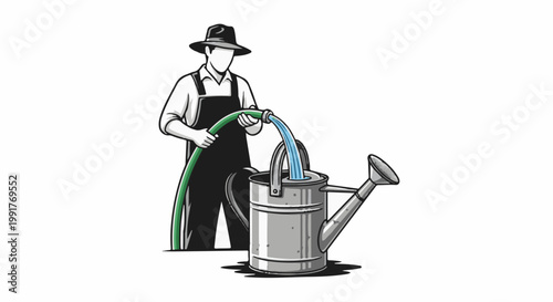 A person in a hat and apron fills a watering can with a hose