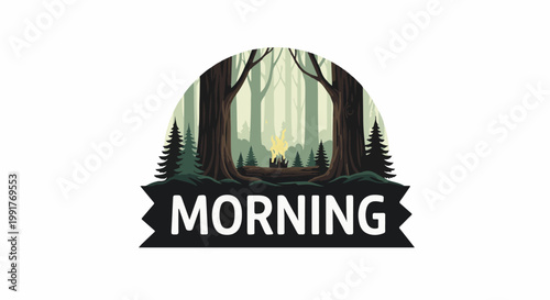 A pixel art scene shows a campfire in a dense forest with trees and a banner reading "MORNING
