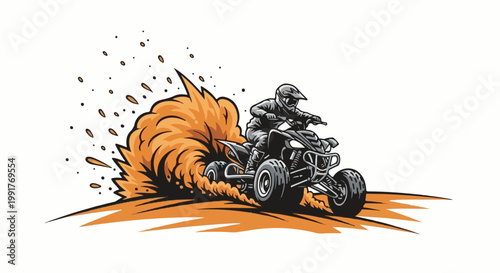 A person in a helmet rides a four-wheeled vehicle, kicking up a large cloud of orange dust
