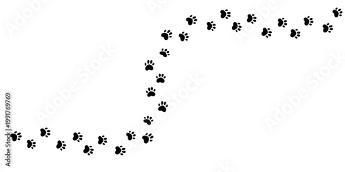 Paw print of a dog or cat. Cute silhouette footpath pet. Wavy walk, marks. Steps of running or walking animal. Curved path of paw prints