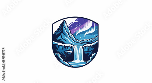 A pixelated emblem depicts a dramatic mountain waterfall under a vibrant aurora borealis sky