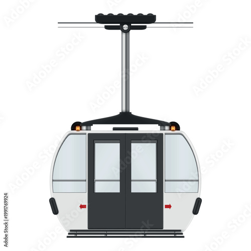 Illustration of a funicular with two sliding doors, suspended by a cable and designed to carry passengers up a hill or mountain.