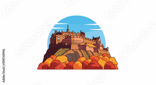 A pixelated illustration of a fortress on a hill, adorned with autumnal foliage