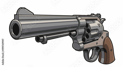 A pixelated illustration of a classic six-shooter revolver with a polished metal barrel and wooden grips