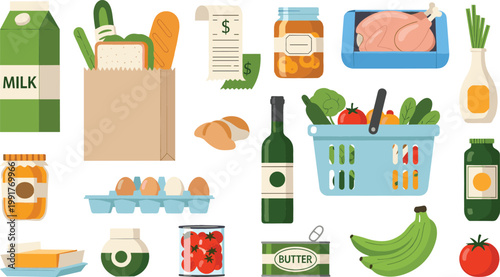 Grocery shopping items collection with food products, vegetables, dairy and beverages, flat vector illustration set for supermarket and daily essentials isolated on white background