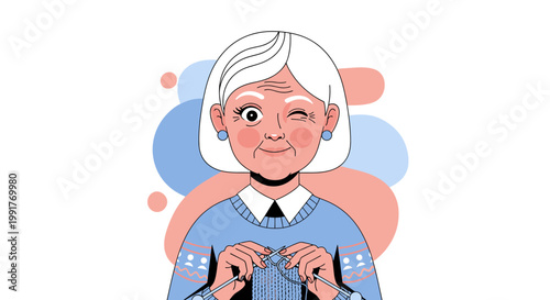 Illustration of a smiling senior woman knitting with a playful wink.