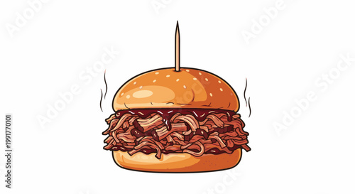A hearty pulled pork sandwich, overflowing with meat and dripping with sauce, is impaled by a toothpick