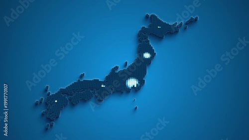 放射状に広がって色が変化していく青い日本地図（正方形グリッド・影付き）