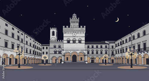 A pixelated nighttime view of a grand, historic square with illuminated arches