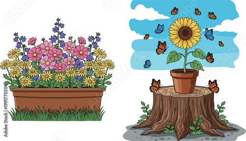 Colorful garden flowers in planter box and sunflower in pot on tree stump with butterflies nature illustration set