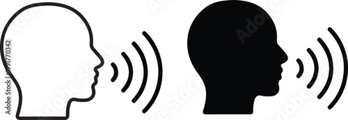 two human head voice speech sound wave icons outline and solid black silhouette flat vector symbol set