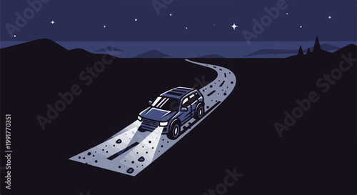 A pixelated SUV drives on a winding road at night under a starry sky