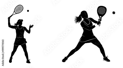 Dual Tennis Players Action Silhouette in Minimalist Vector Art
