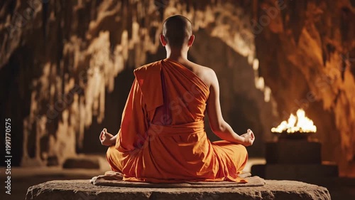 Monk meditating in orange robes inside a cave with a small fire, spiritual enlightenment, mindfulness practice