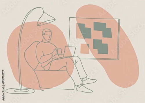 Man Sitting in Living Room with Laptop