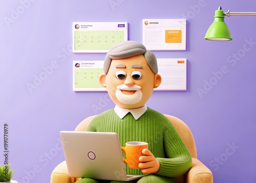 3D Animated Man Sitting in Chair with Laptop