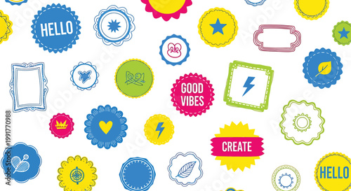 Colorful sticker icons, motivational labels, hello stickers, good vibes symbols, create badges
