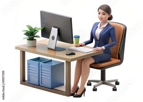 Professional Woman at Desk with Computer and Plant