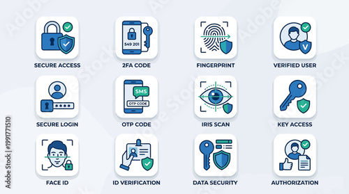 Comprehensive collection of digital security and user authentication icons for web and mobile applications ensuring robust data protection and privacy.