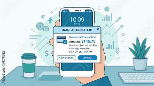 Hand holding smartphone displaying a successful transaction alert for Starbucks coffee purchase with financial graphics in the background