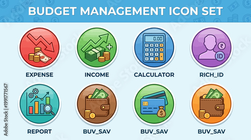 Colorful flat round icons representing various financial management tasks including income tracking expense reporting and savings for personal business finance