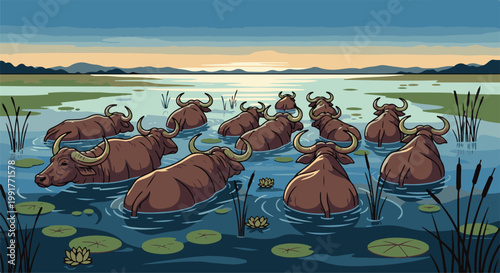 A herd of water buffaloes wading in a tranquil marshland at dusk