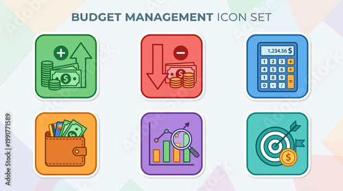 This budget management icon set includes six distinct financial illustrations representing key concepts for effective money tracking and planning.