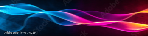 Abstract waves undulate in a vibrant gradient transition from cool blue to warm magenta across the dark background to evoke a sense of modern artistic movement and fluid energy.