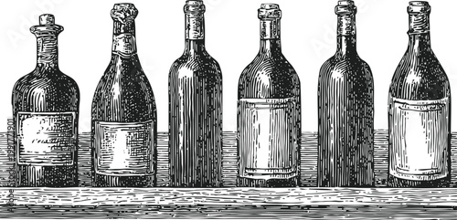 Vintage hand drawn wine bottles lined up on shelf with detailed labels engraved