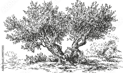 ancient olive trees with textured branches and an urn nestled between trunks hand drawn botanical sketch