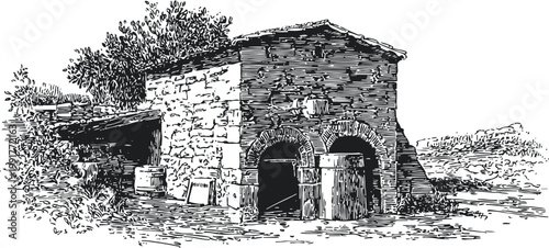 Old rustic stone cellar with wooden barrels and arched doors in countryside landscape sketch