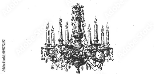 Vintage ornate chandelier illustration with multiple lit candles and decorative details
