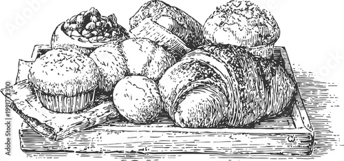 Assorted baked goods on wooden tray with croissants, muffins, and rolls vintage line art illustration