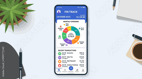 Mobile finance app interface displaying monthly spending analytics and recent transactions with a pie chart breakdown.