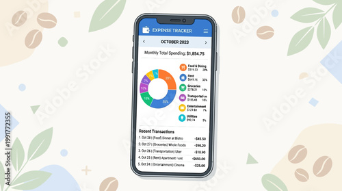 Modern smartphone displaying a detailed personal finance application showing pie charts and recent transaction data for monthly budget tracking purposes