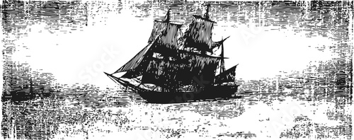 Vintage sailing ship illustration with billowing sails on wavy sea, old maritime nautical design