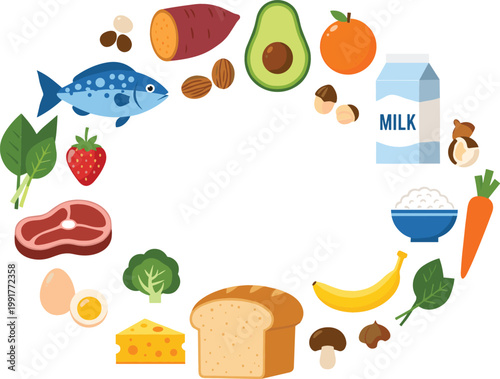 Balanced diet food circle with fruits, vegetables, meat, dairy and grains, healthy nutrition concept illustration in flat vector style isolated on white background