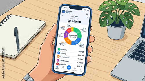 Person using a mobile smartphone app to track monthly personal expenses and financial spending habits on a colorful pie chart
