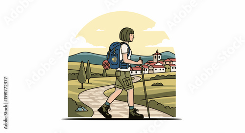 A hiker with a backpack and walking stick traverses a scenic path towards a village
