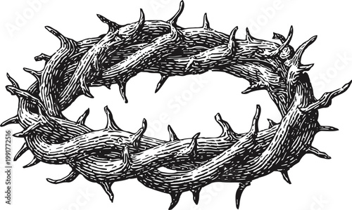 Detailed black and white crown of thorns illustration with sharp spikes, religious symbol and classic design