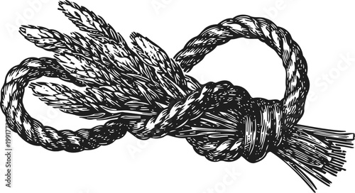 Vintage hand drawn wheat bundle tied with a thick rope knot illustration in black and white