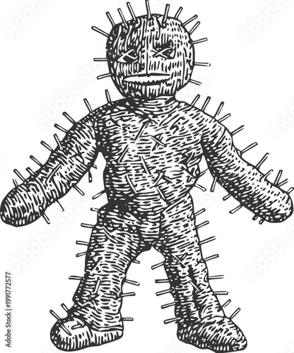 Voodoo doll with pins stuck in body and head, spooky supernatural magic symbol illustration