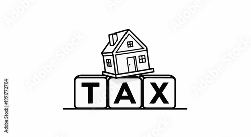 A house sits precariously atop three blocks spelling out "TAX