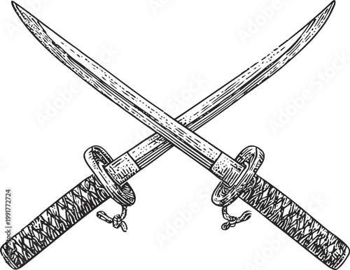 Crossed samurai swords with detailed wrapped handles and round guards traditional japanese katana illustration
