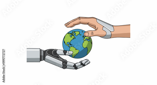 A human hand and robotic arm cooperatively cradle a detailed earth globe